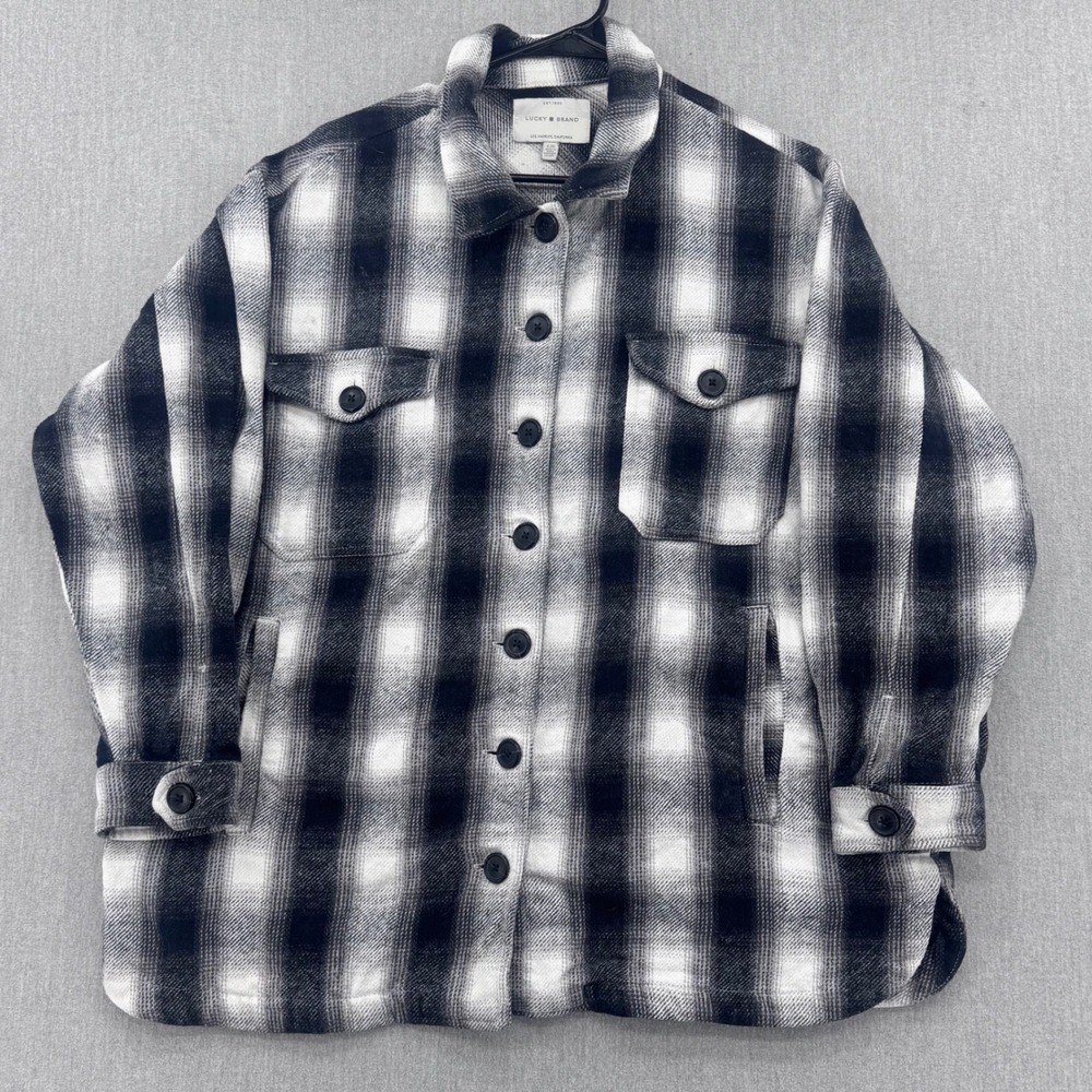 Lucky Brand Jacket Mens Large Black White Plaid Flannel Shacket Cotton Button